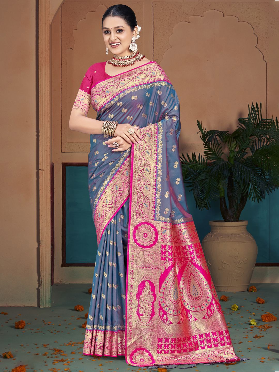 

SANGAM PRINTS Woven Design Zari Tussar Saree, Blue