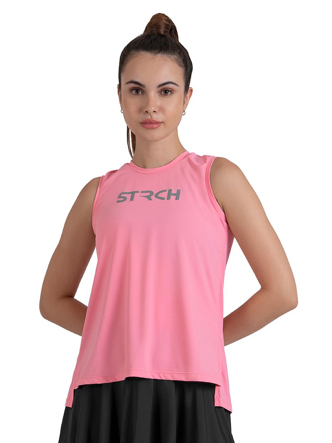 

STRCH Women Typography Printed Round Neck Nylon Top, Pink