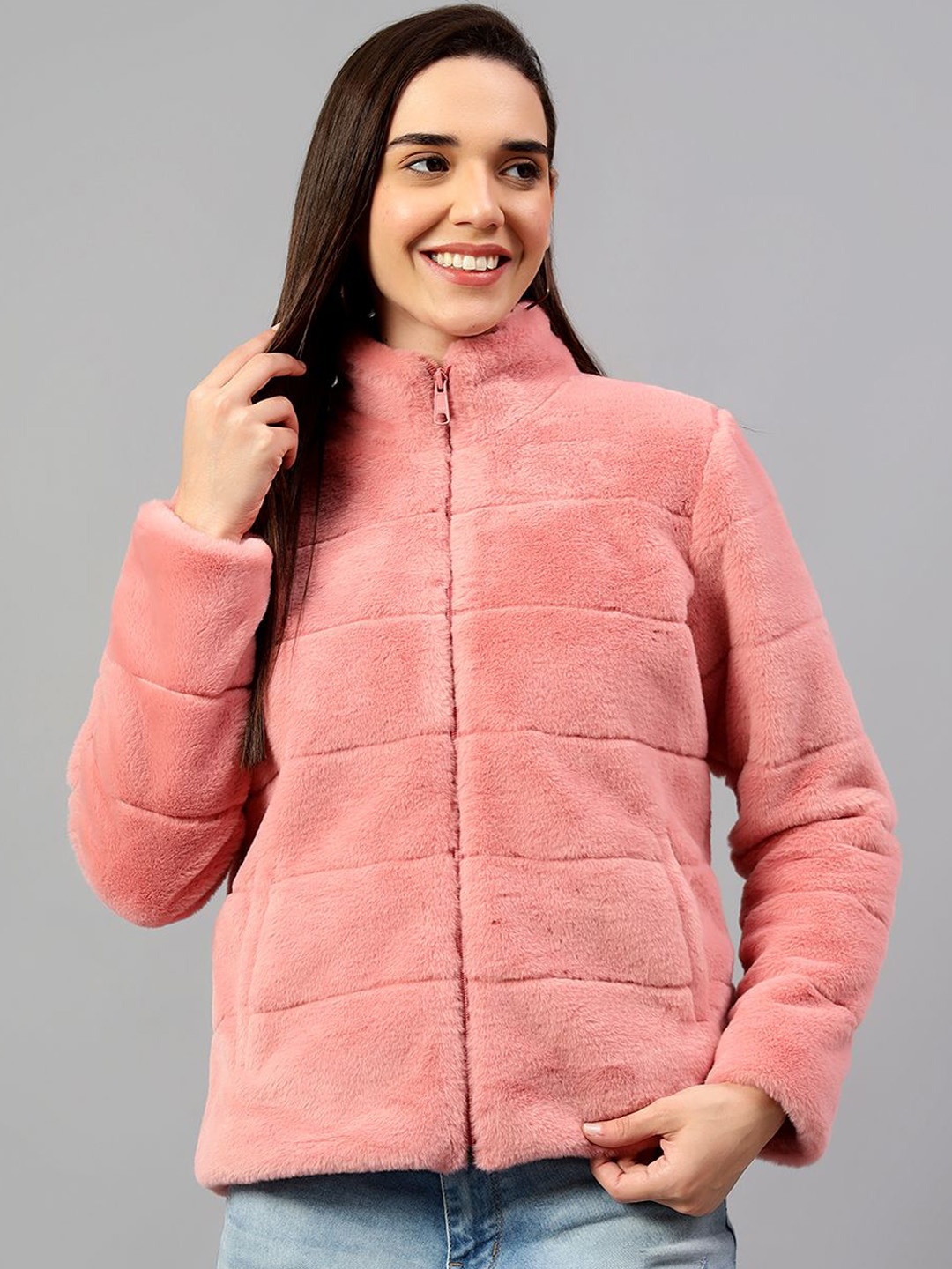 

Cantabil Women Mock Collar Woollen Jacket, Pink