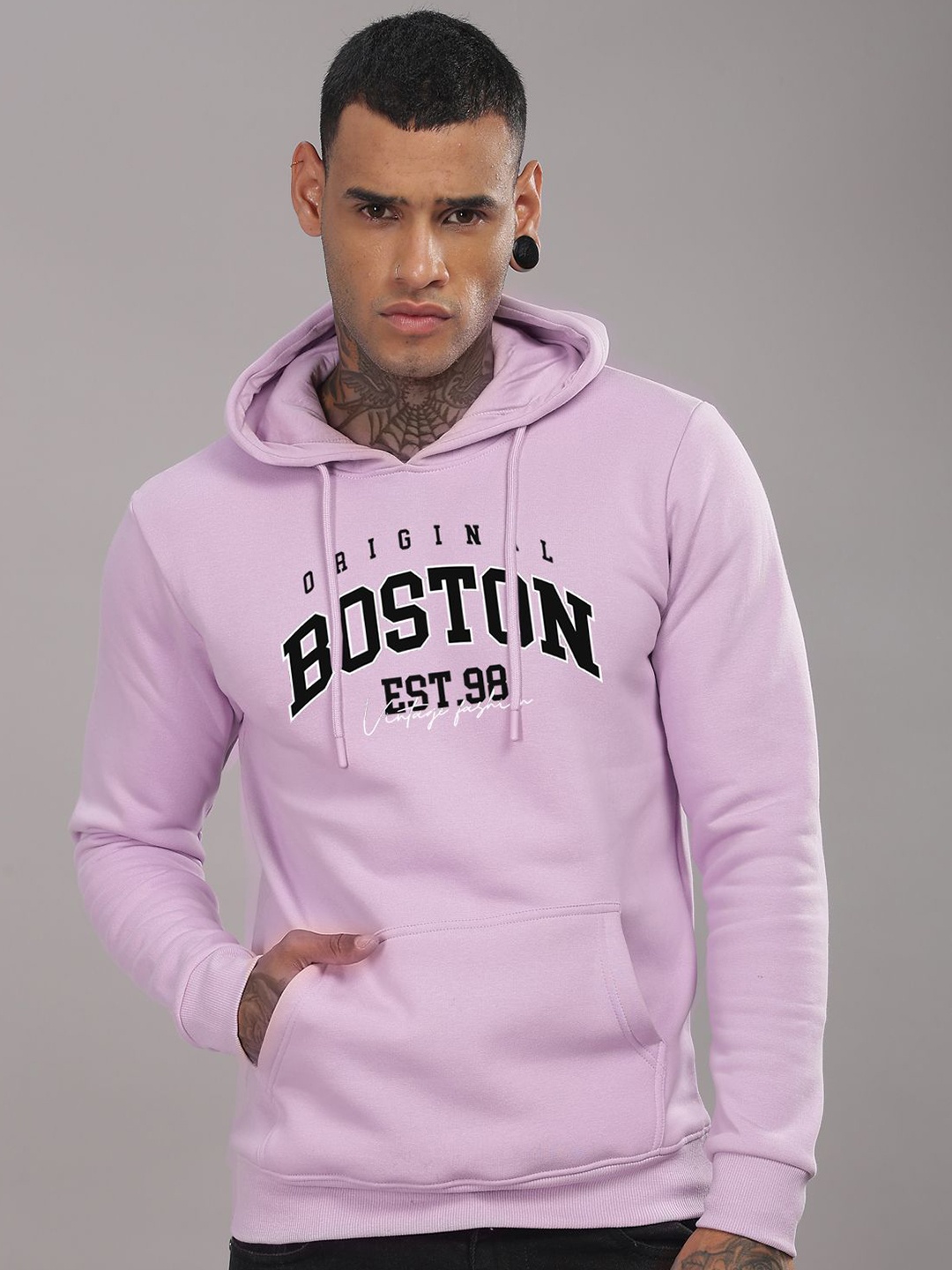 

ADRO Men Typography Printed Hood Cotton Pullover Ribbed Sweatshirt, Lavender