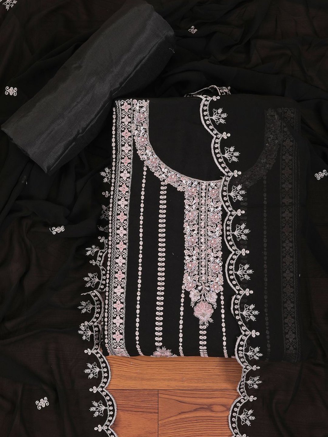 

Jaipur Kurti Heavy Embroidered Organza Dress Material with Dupatta, Black
