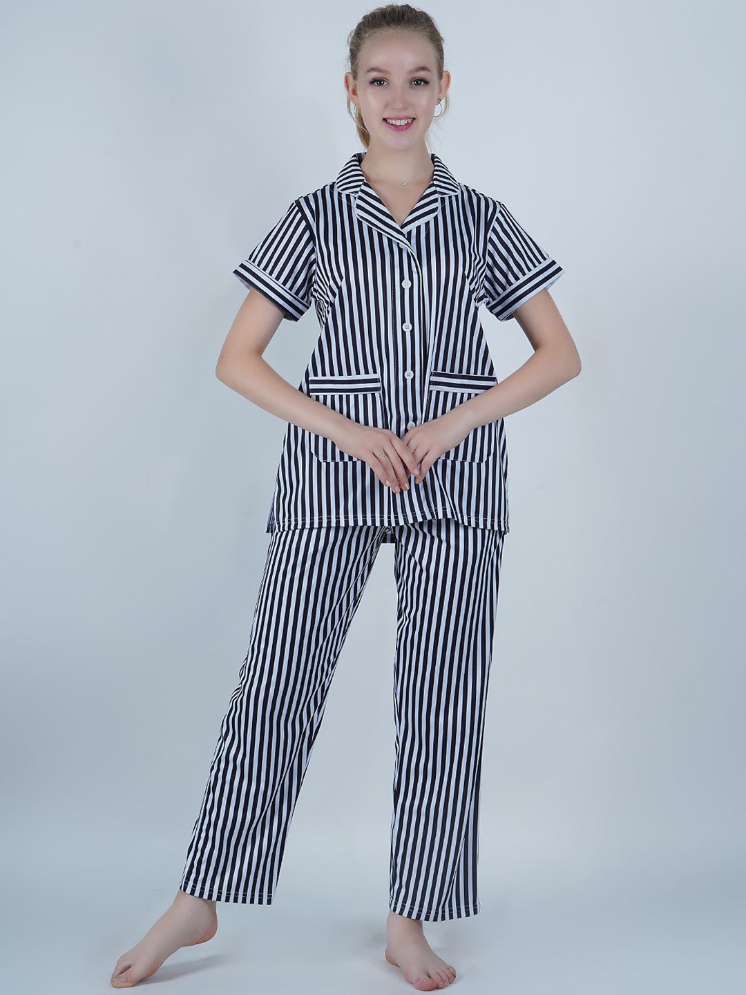

SHYAM SONS FLAIR Women Striped Lapel Collar Night suit, Black
