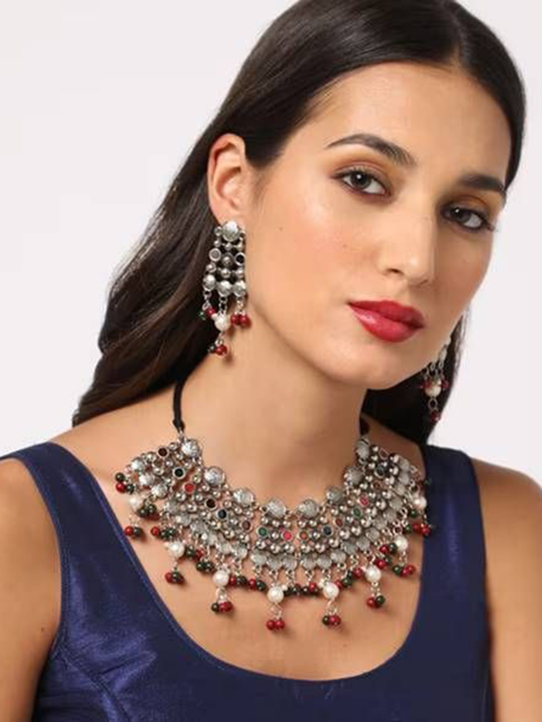 

The Pari Sliver-Plated Stone-Studded & Beaded Jewellery Set, Silver