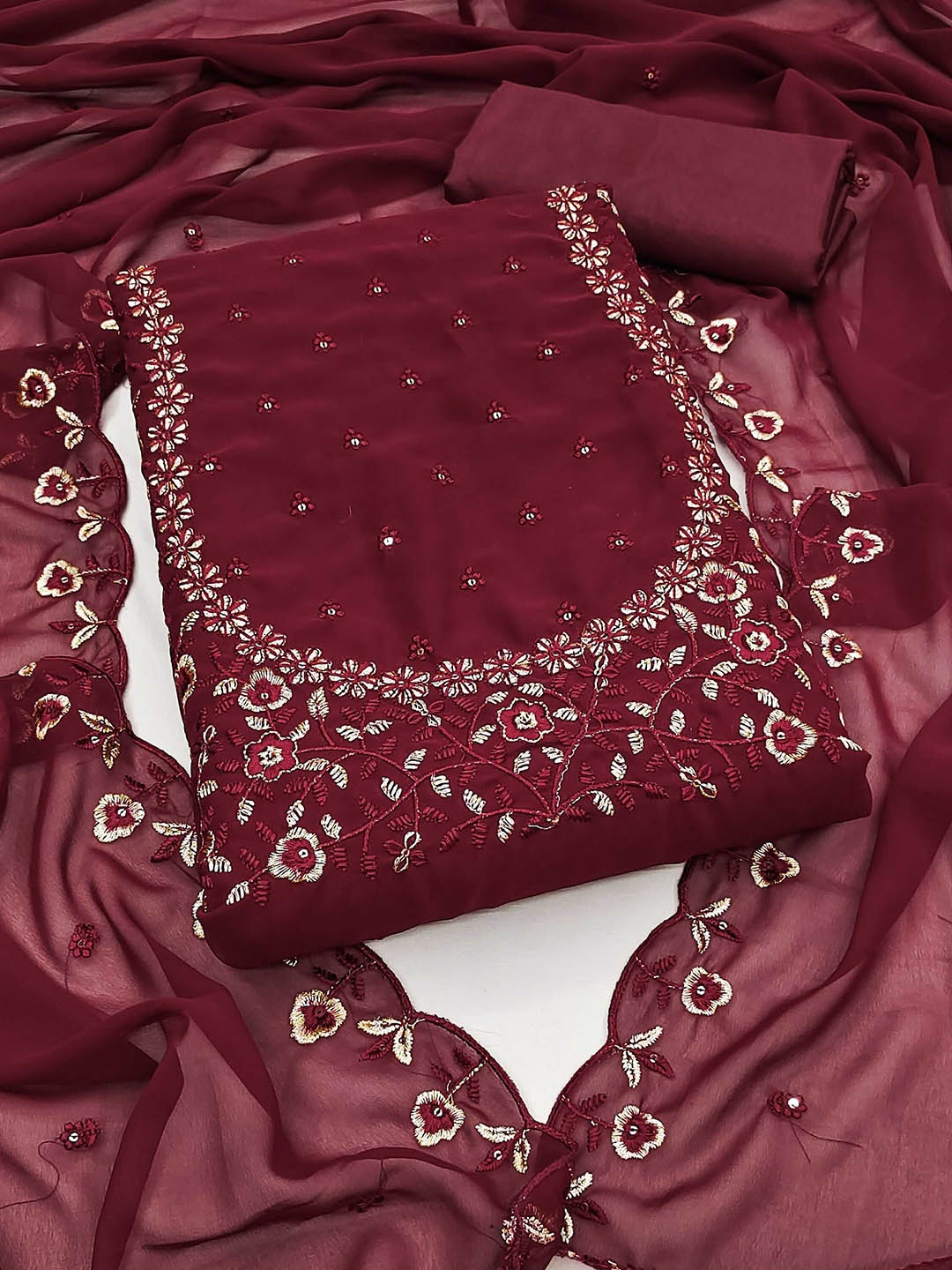 

KALINI Embroidered Unstitched Dress Material, Maroon