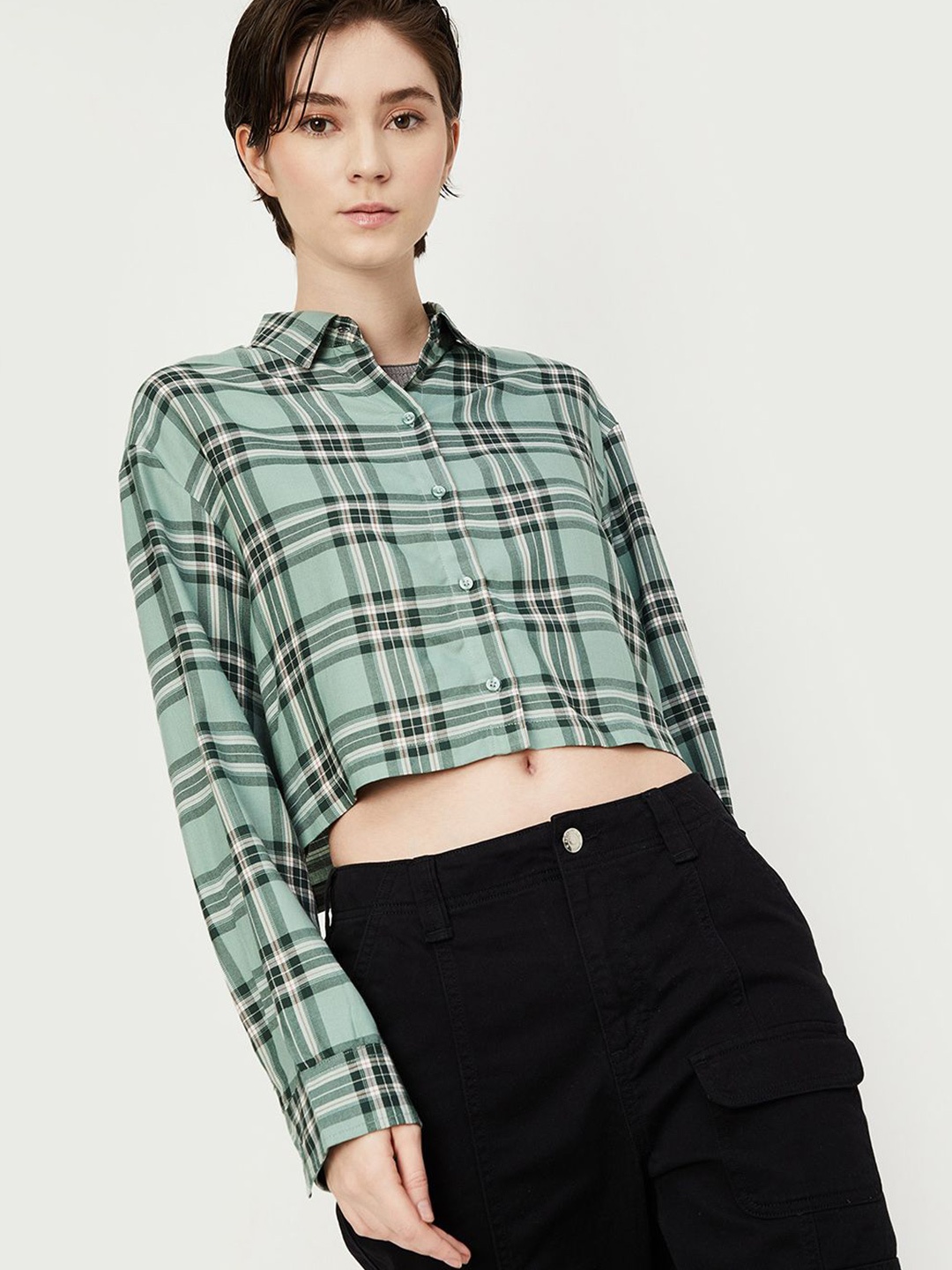 

max Women Spread Collar Tartan Checked Casual Shirt, Green