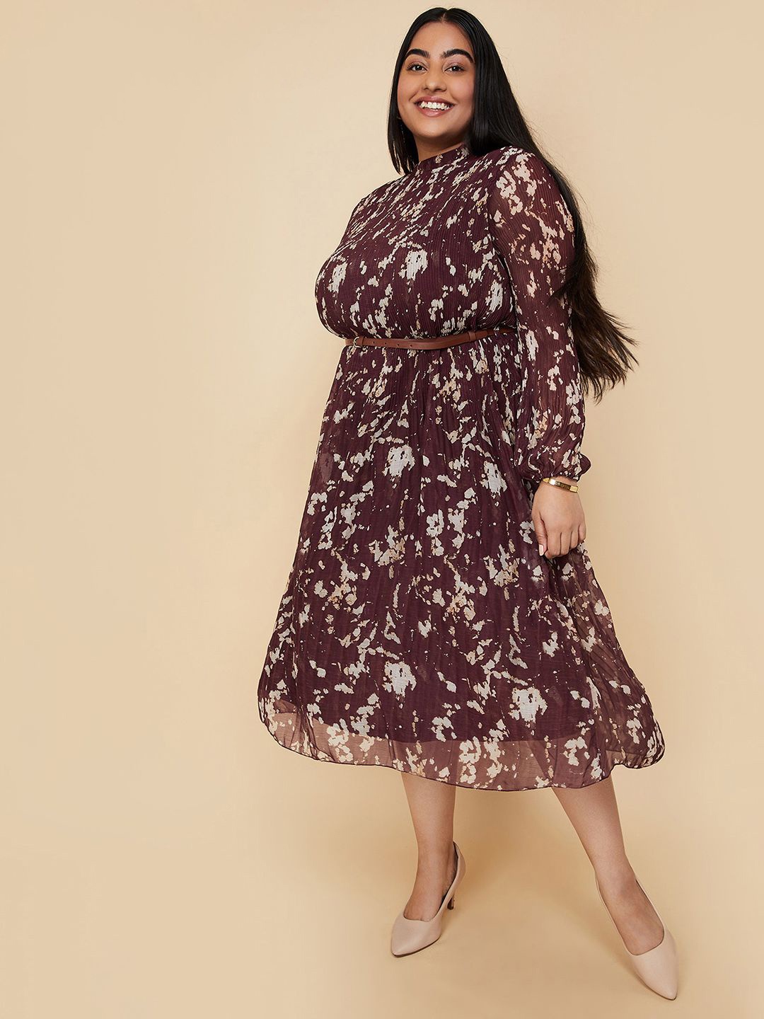 

max Women Abstract Print Puff Sleeve A-Line Midi Dress, Brown