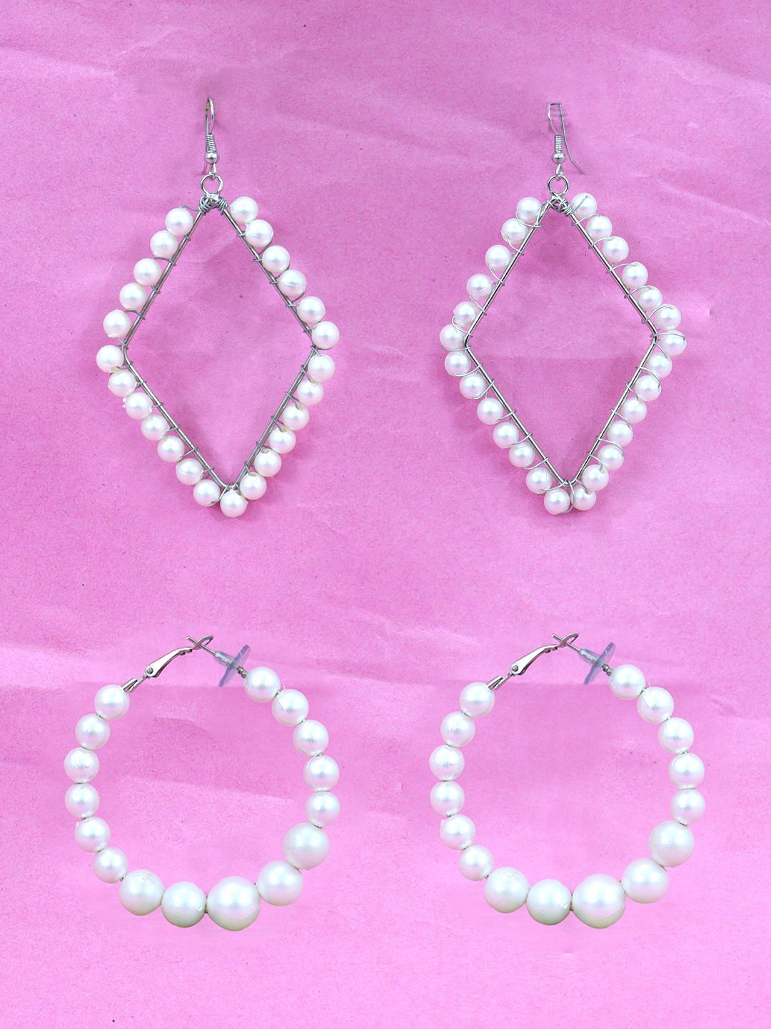 

FIMBUL Set of 2 Silver-Plated Pearls Beaded Hoop & Drop Earrings