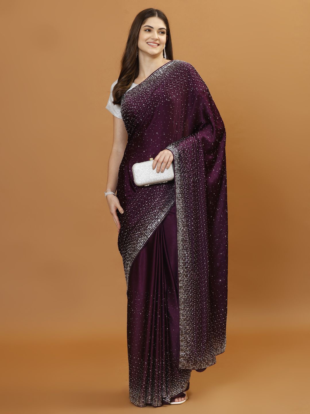 

Meena Bazaar Women Embellished Beads and Stones Heavy Work Saree, Purple