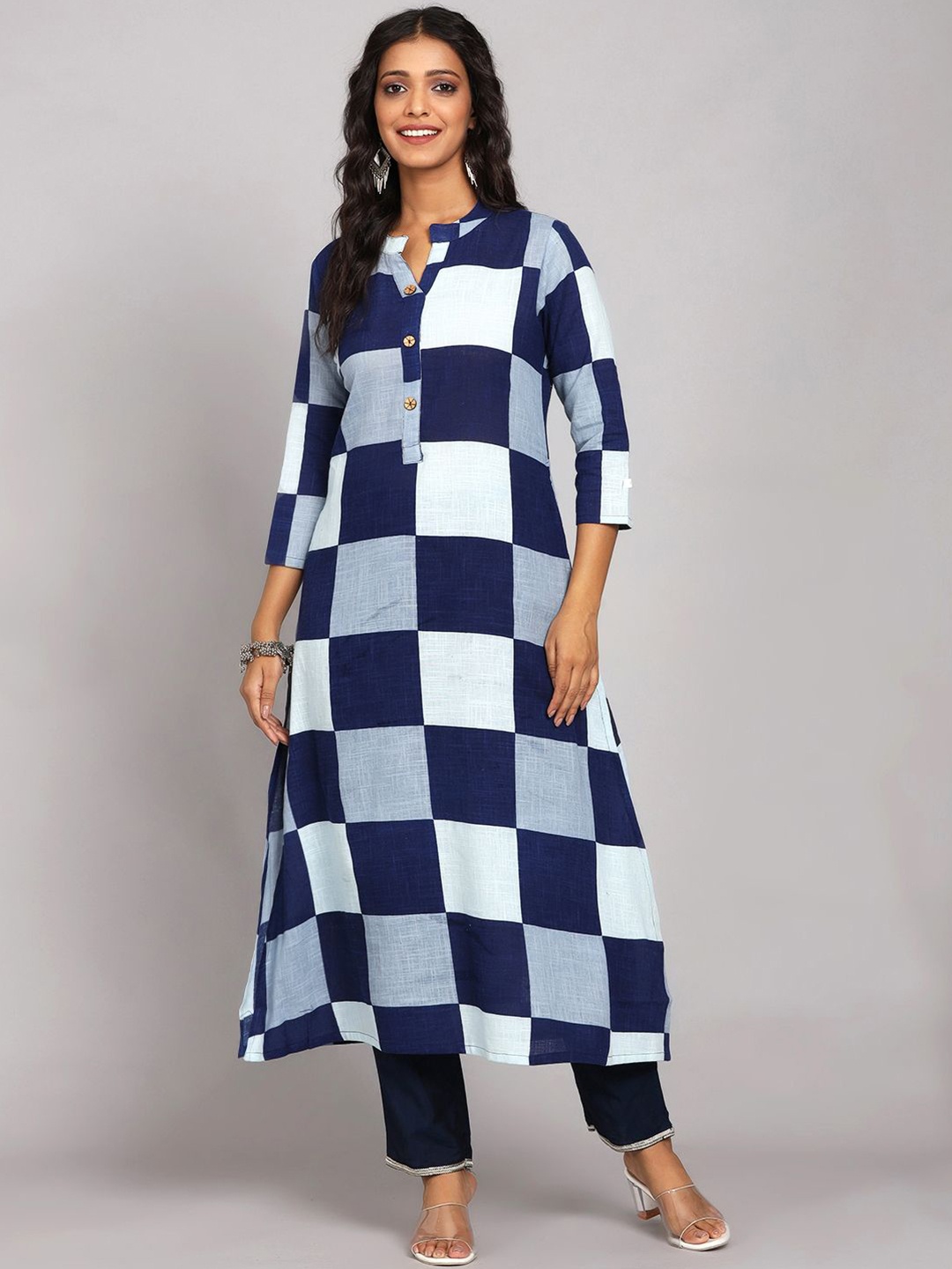 

Chandbaali Checked Printed Mandarin Collar A-Line Kurta, Blue