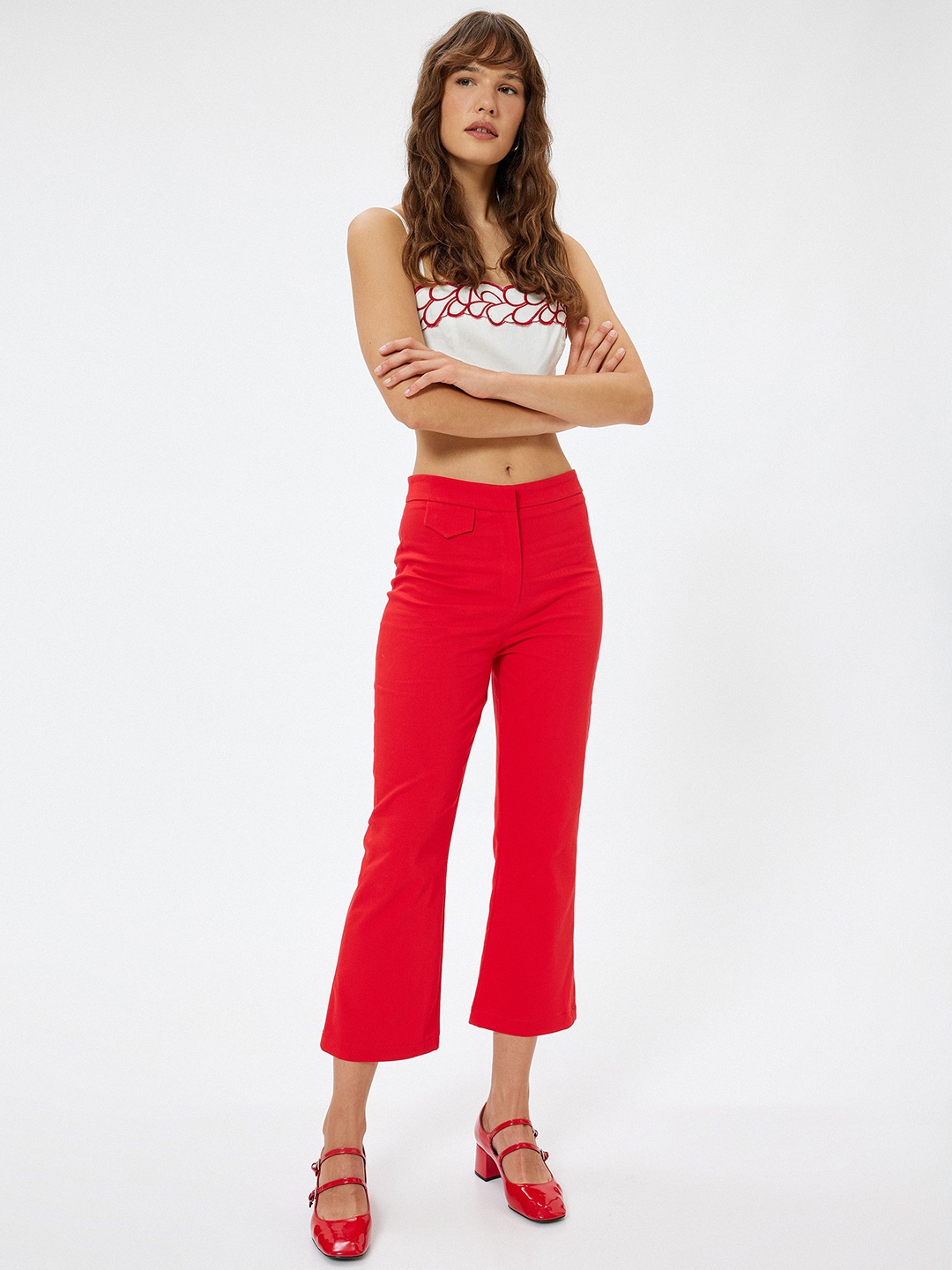 

Koton Women Solid Flared Cropped Cotton Regular Trousers, Red