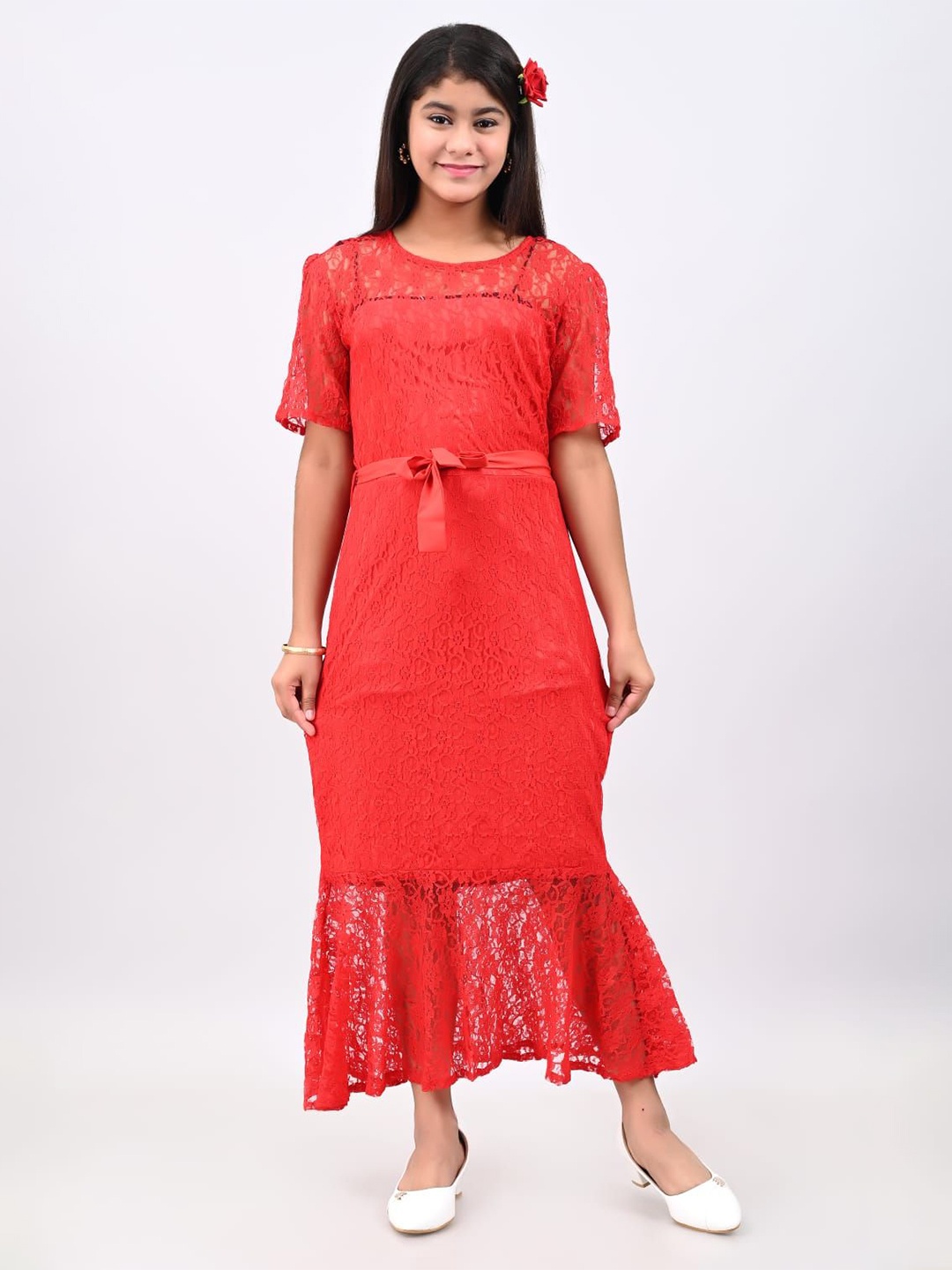 

FELLAMO Girls Self Design Round Neck Maxi Dress, Red