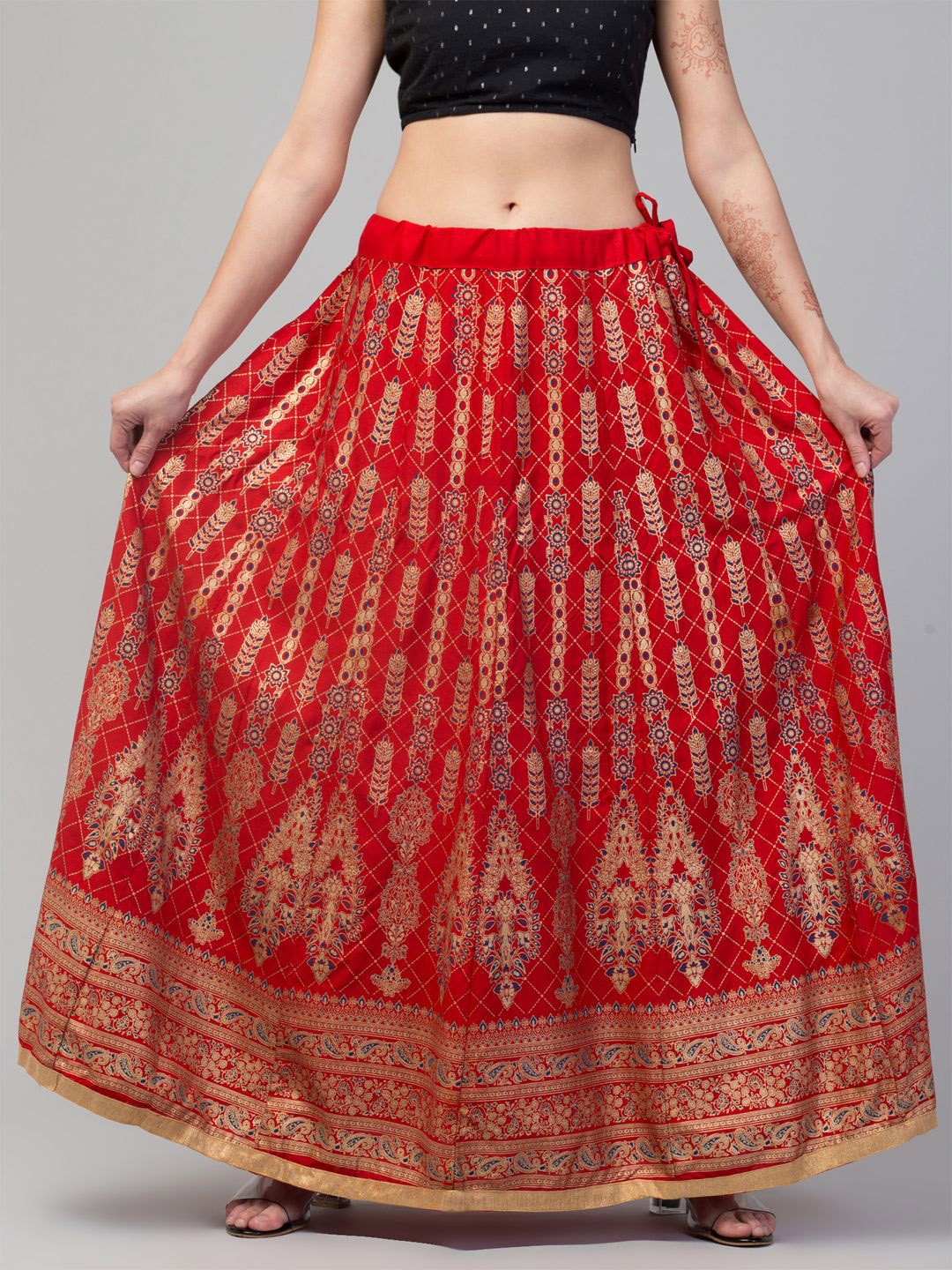 

Trend Level Women Ethnic Printed Flared Maxi Skirt, Red