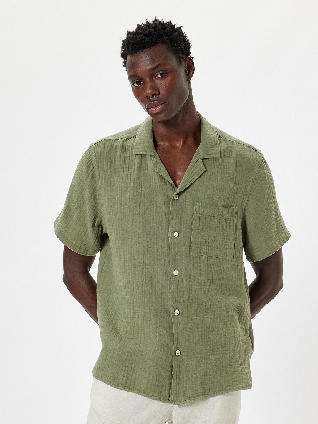 

Koton Men Cuban Collar Textured Cotton Casual Shirt, Olive