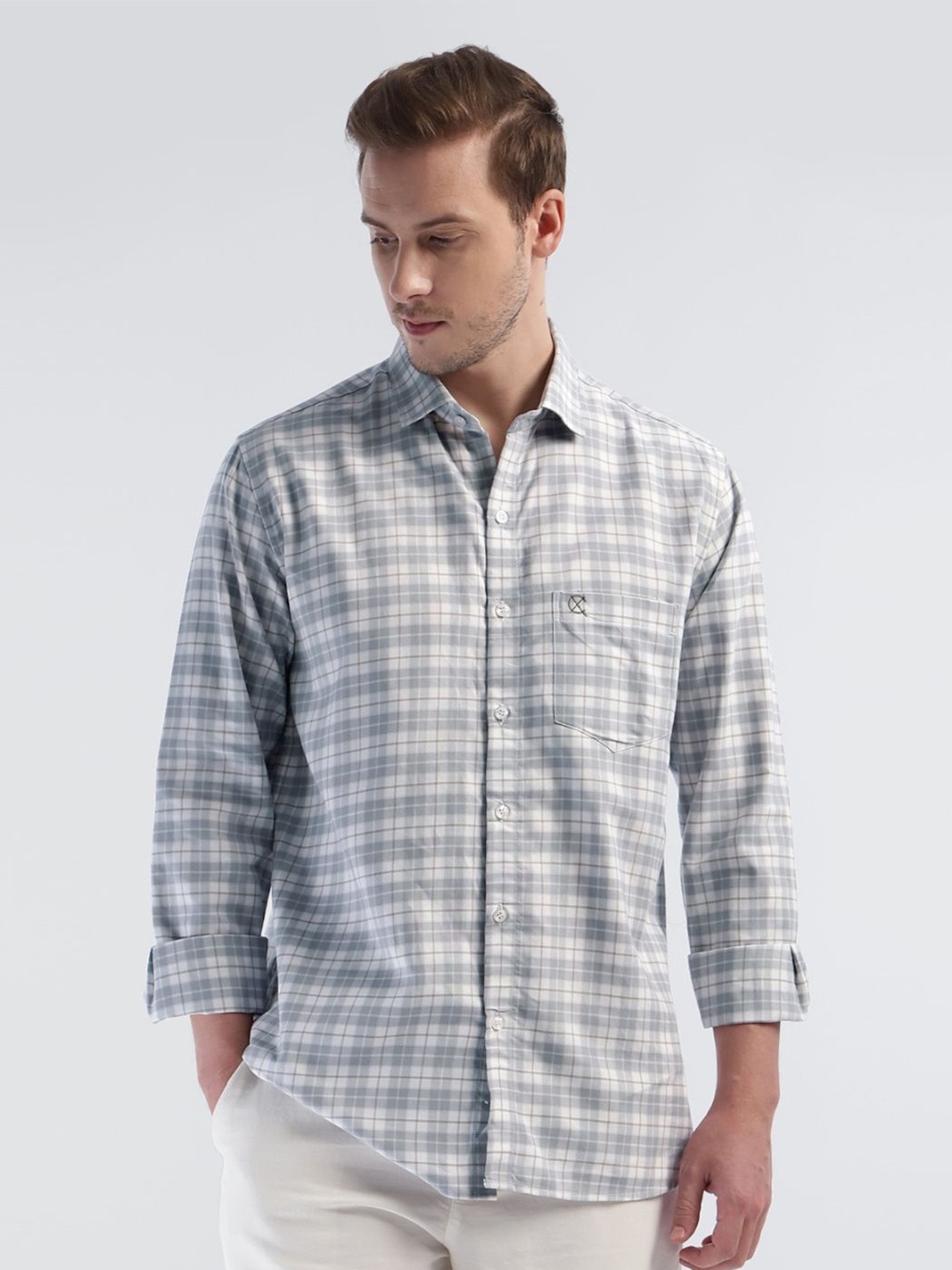 

OFFCUTS Men Comfort Spread Collar Checked Cotton Casual Shirt, Grey