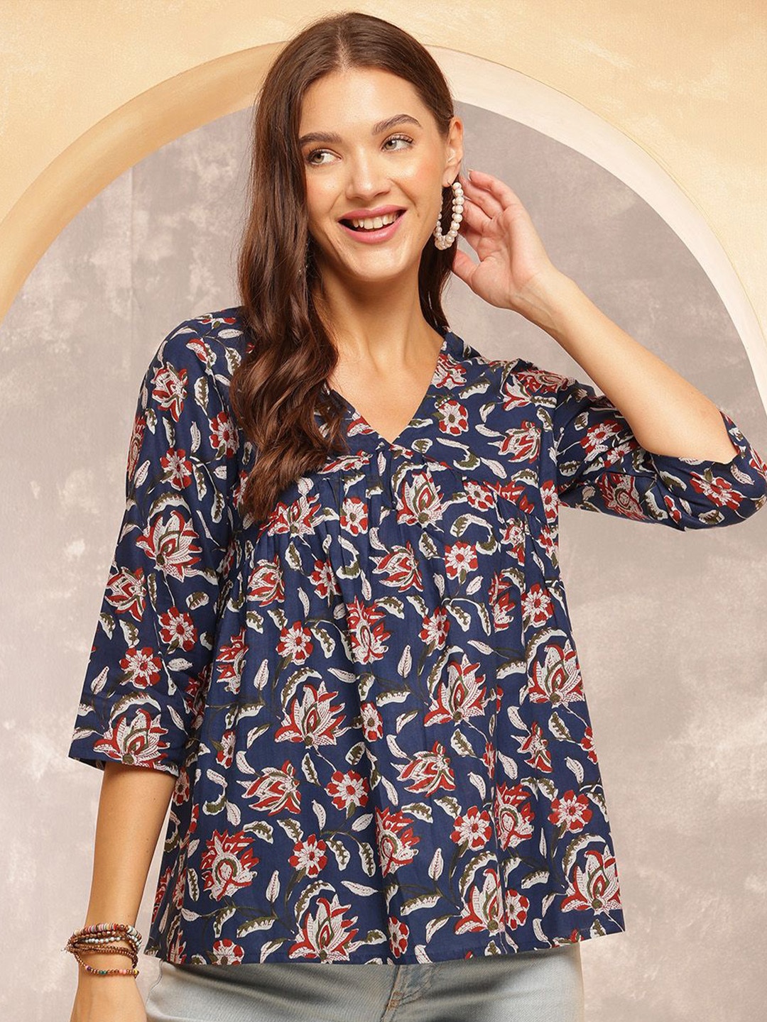 

Anouk Rustic Women Floral Printed V-Neck Cotton Top, Navy blue