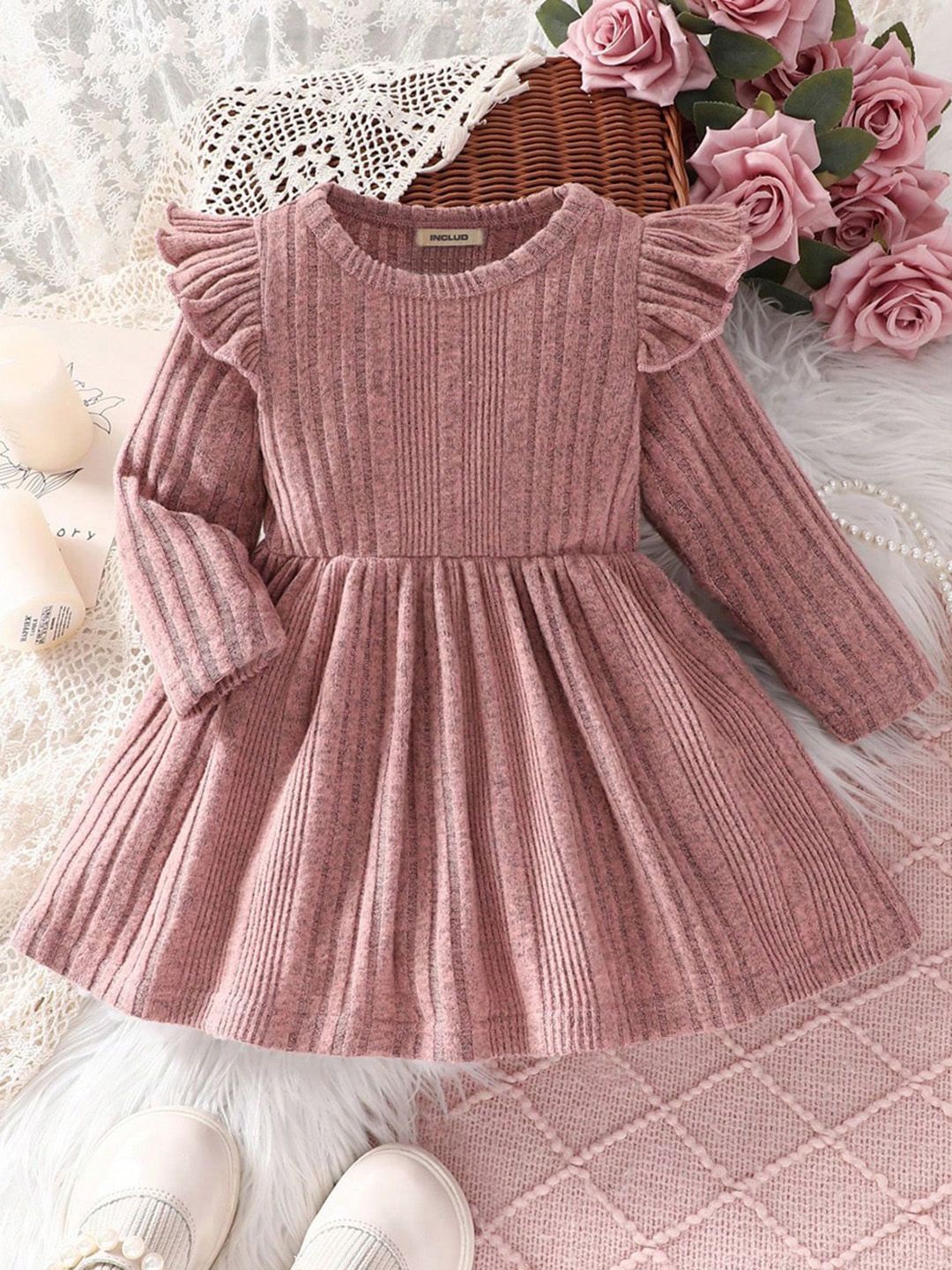 

INCLUD Girls Solid Self Design Fit & Flare Dress, Brown