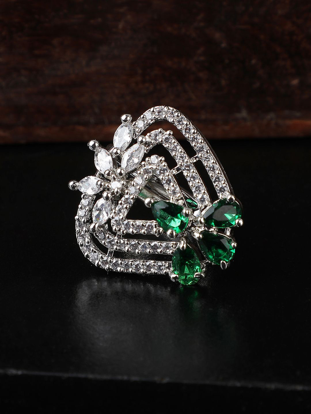 

ANIKAS CREATION Silver-Plated American Diamond Studded Finger Ring