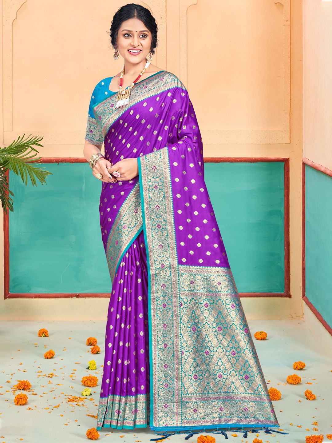 

SANGAM PRINTS Woven Design Zari Tussar Saree, Purple