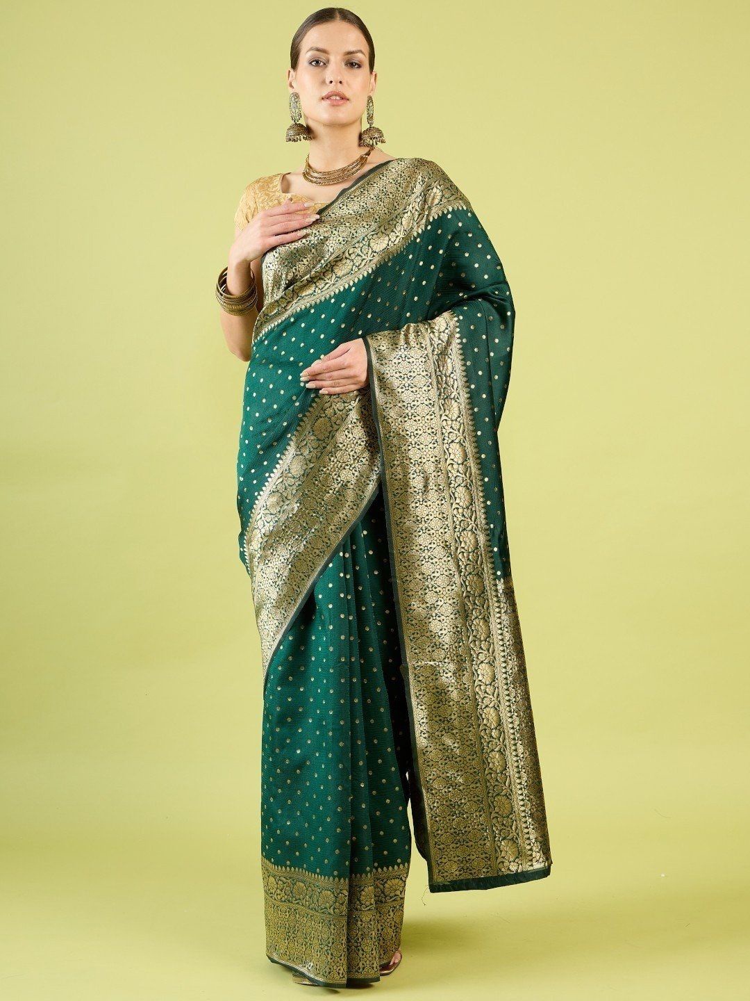 

QENY Woven Design Zari Banarasi Saree, Green