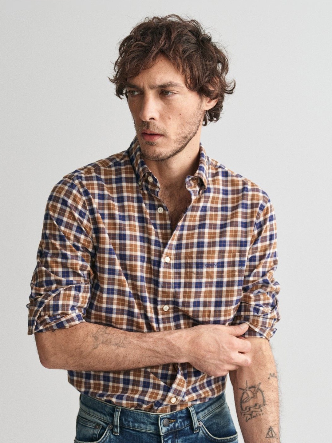 

GANT Men Button-Down Collar Checked Cotton Casual Shirt, Brown