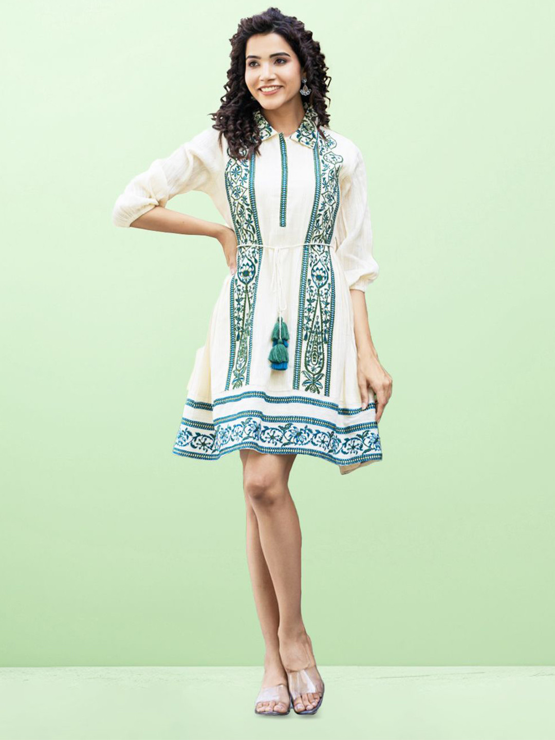 

CUSTARD Women Self Design Cotton Embroidered Fit and Flare Dress Comes with a belt, Off white