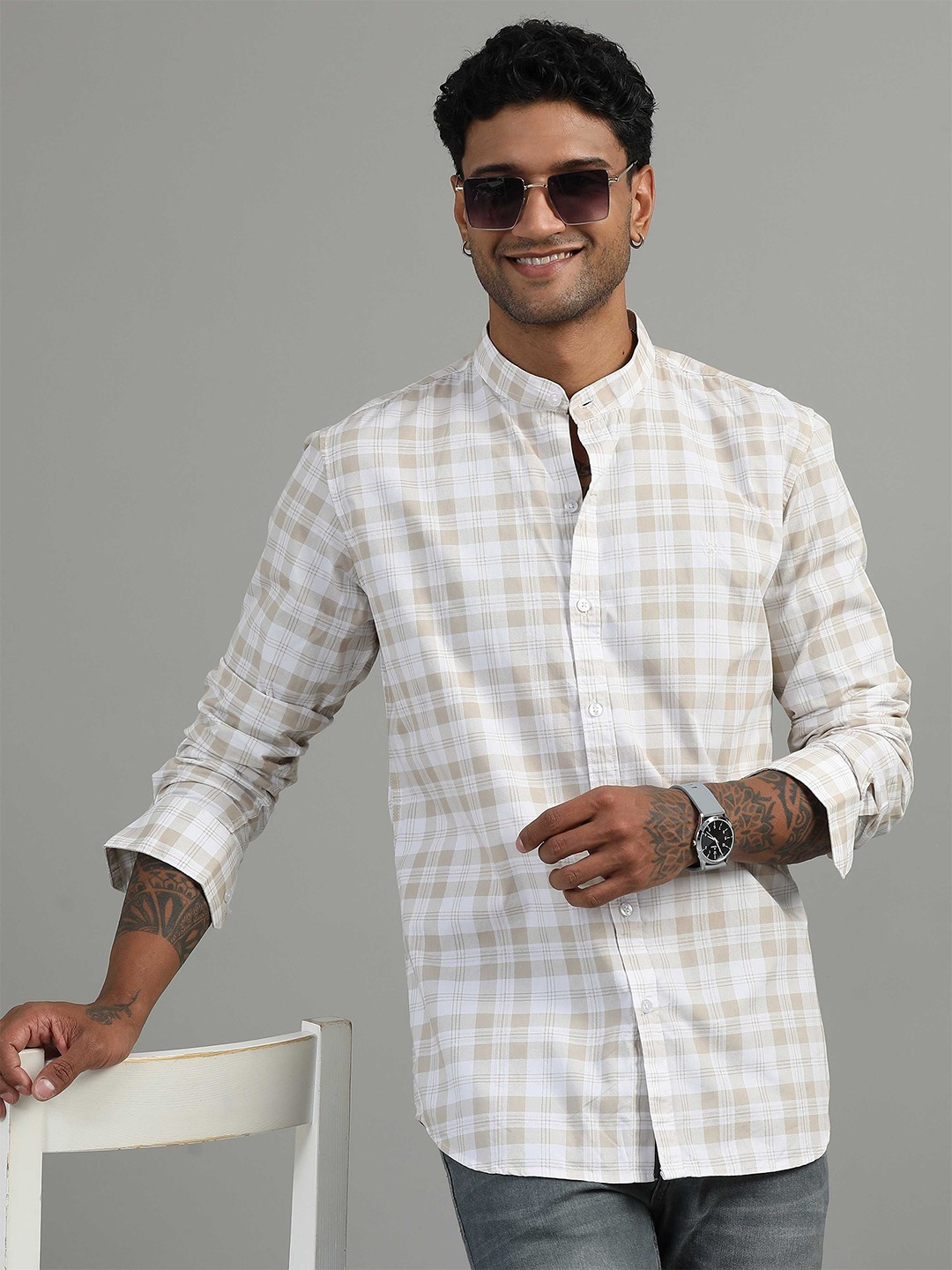 

SORATIA Men Mandarin Collar Checked Cotton Casual Shirt, Brown
