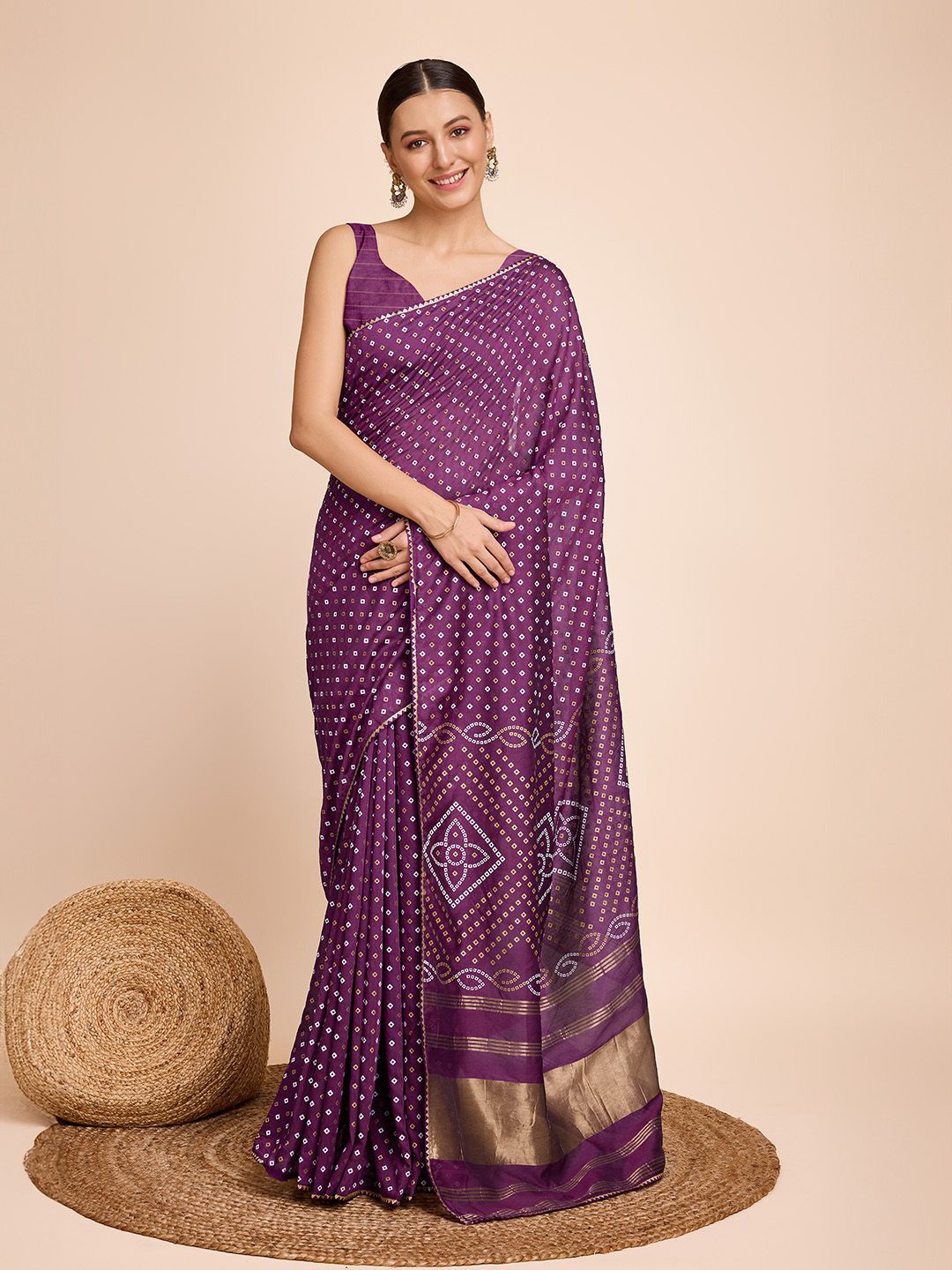 

JULEE Bandhani Printed Pure Silk Bandhani Saree, Purple