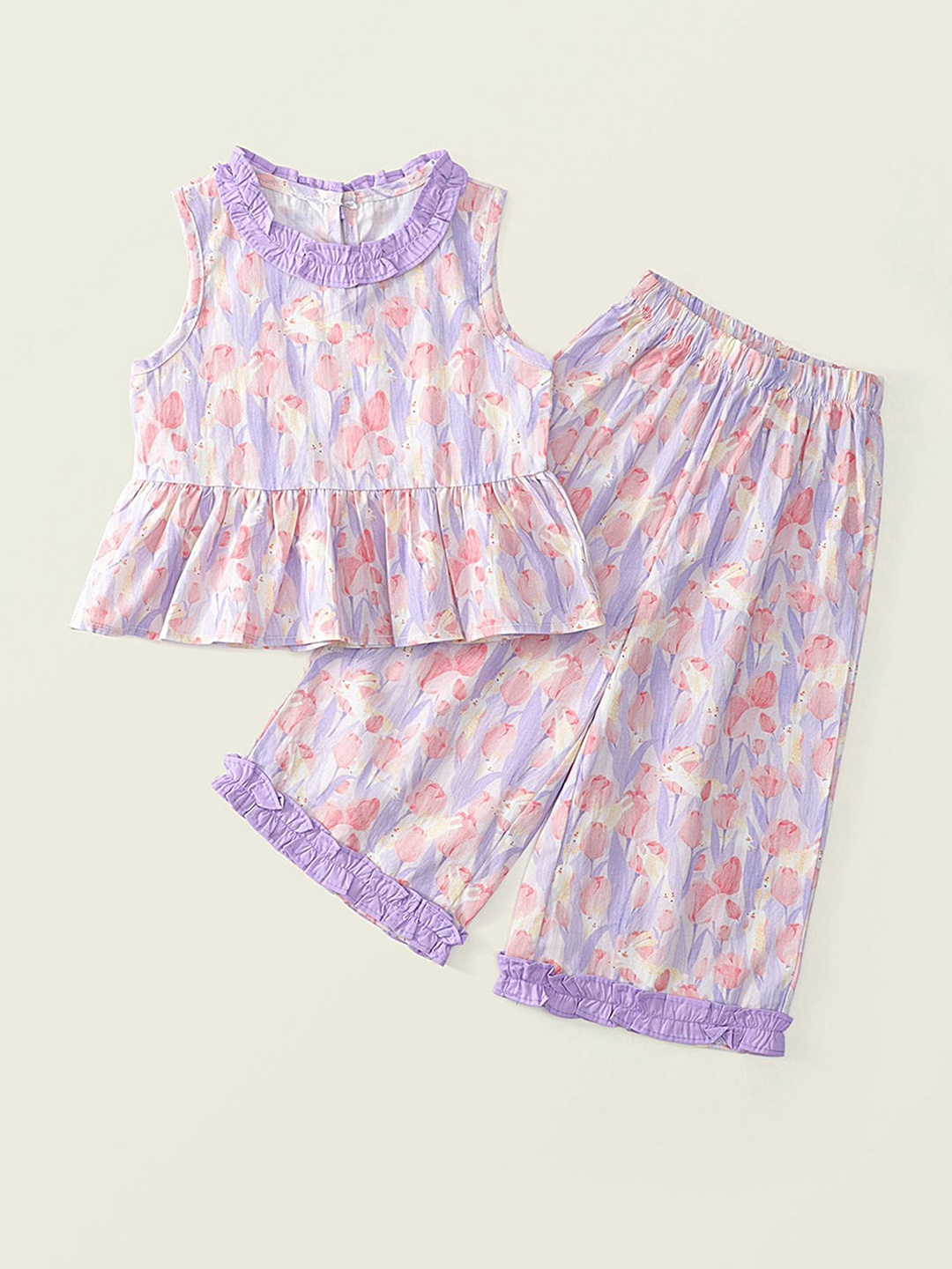 

LULU & SKY Girls Printed Pure Cotton Top with Palazzos Clothing Set, Purple