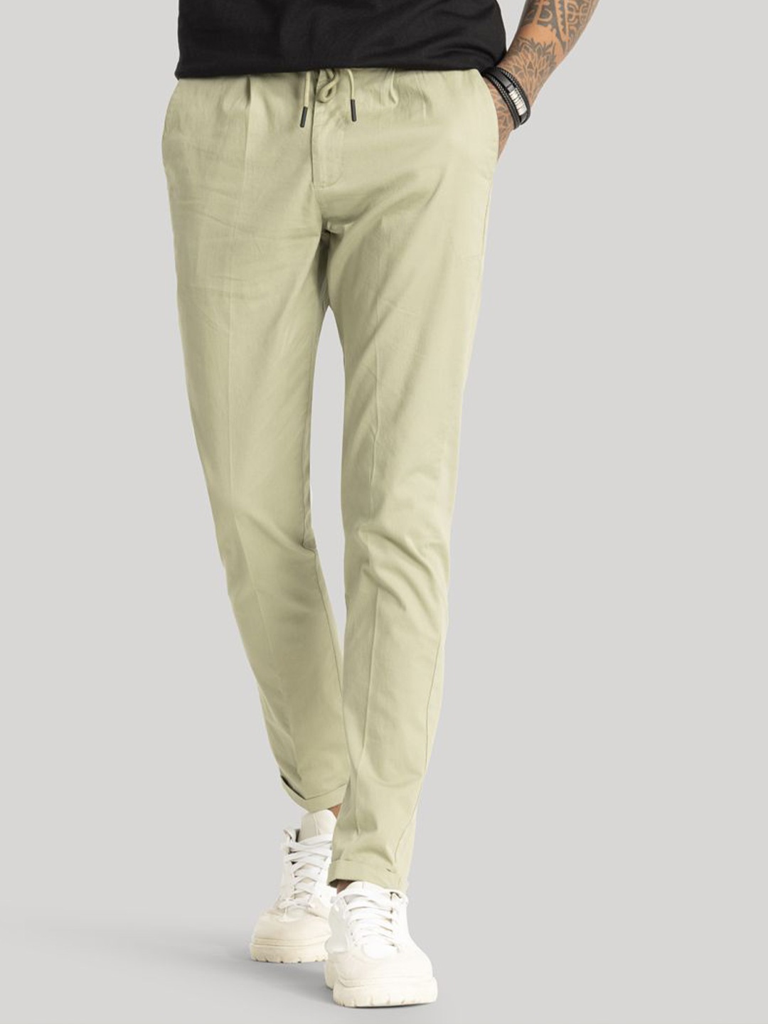 

Snitch Men Smart Slim Fit Chinos Trousers, Beige