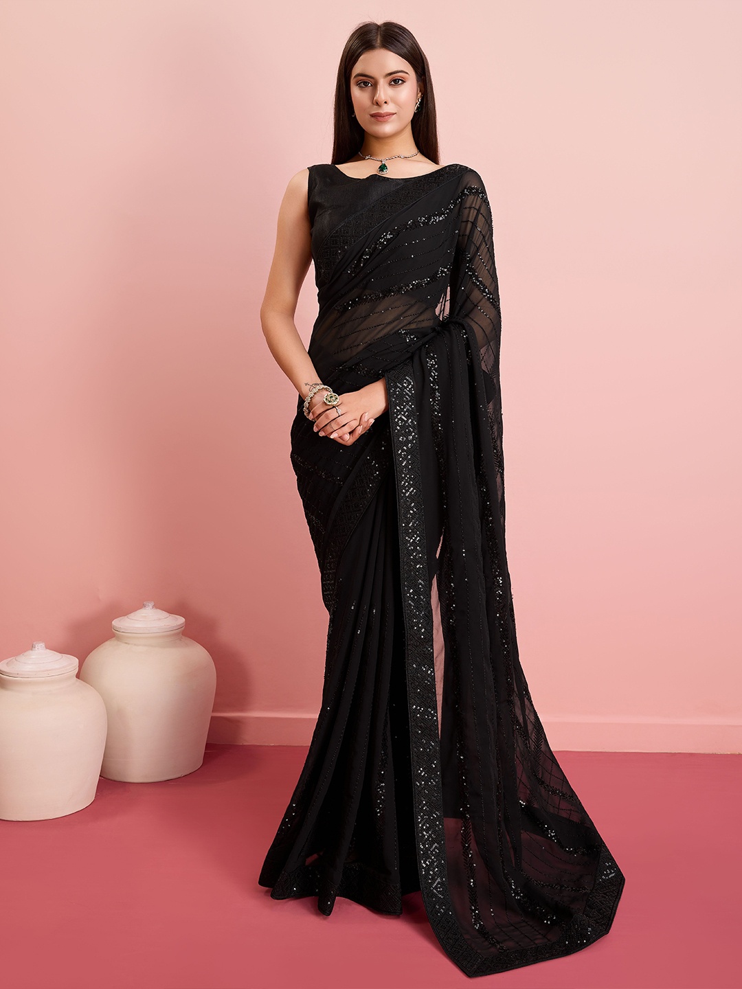 

VAIRAGEE Embellished Sequinned Ready to Wear Saree, Black