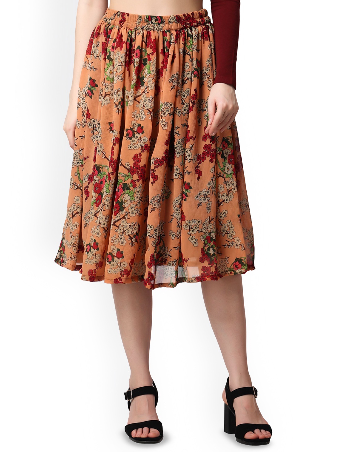 

SCORPIUS Floral Printed Flared Midi Skirt, Orange