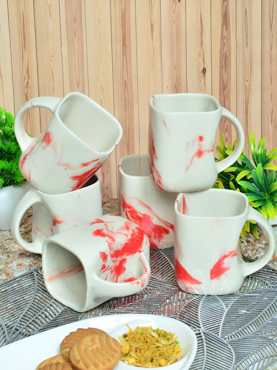 

FABINALIV White & Red 6 Pieces Printed Ceramic Glossy Mugs 310 ml