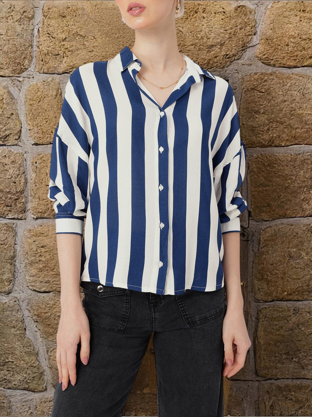 

DressBerry Classy Chic Vertical Striped Oversized Shirt, Navy blue