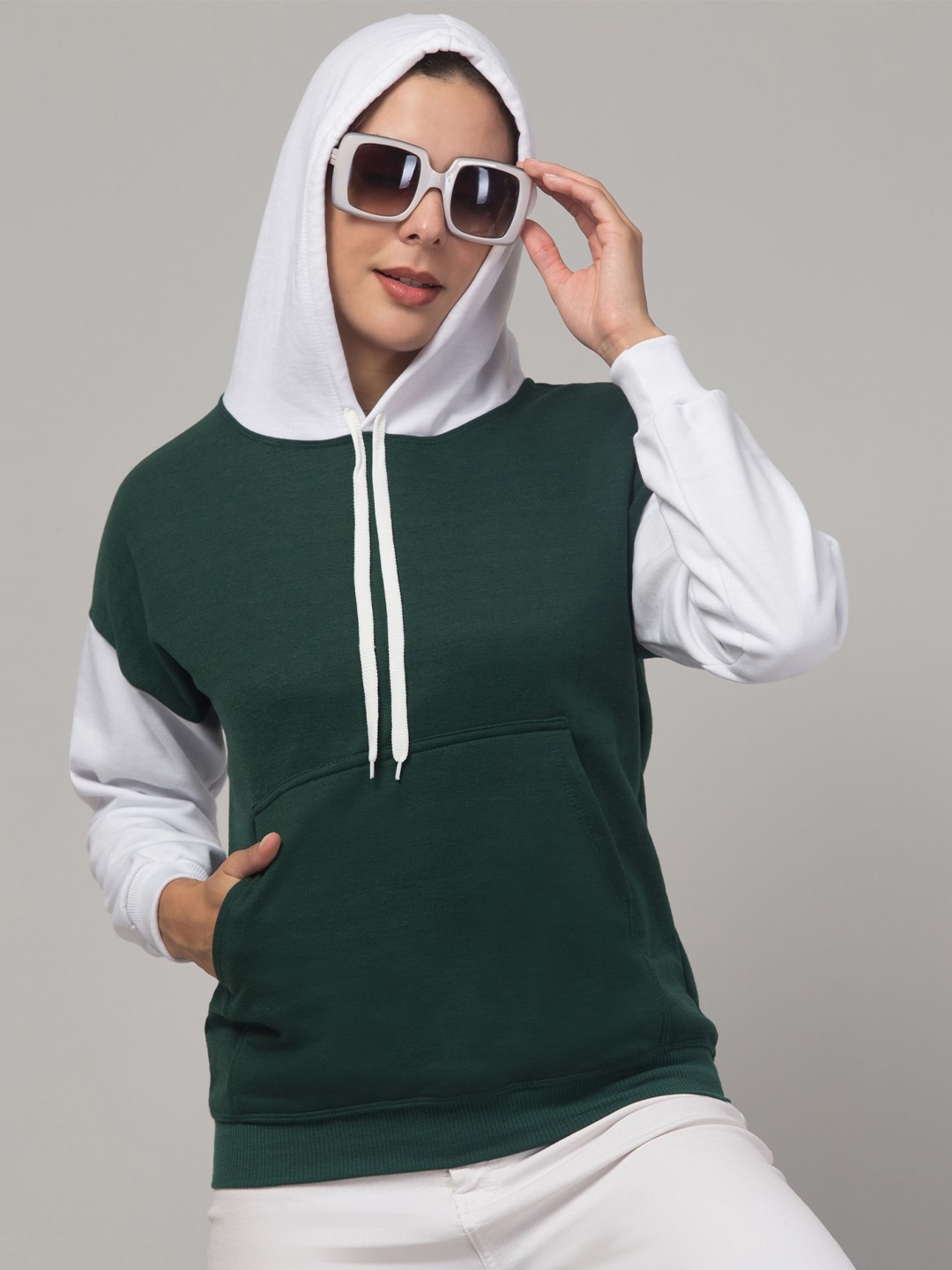 

BESTIC FASHION Women Colourblocked Hood Fleece Pullover Ribbed Sweatshirt, Green