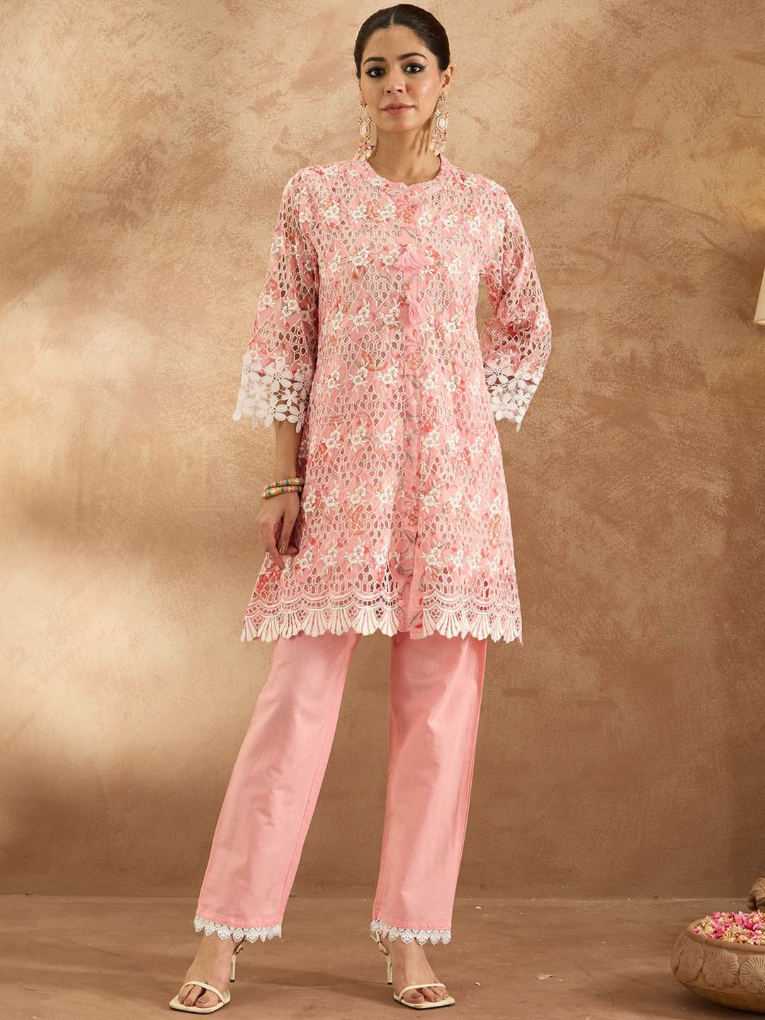 

Indo Era Embroidered Pure Cotton Tunic & Trouser Co-Ords, Pink