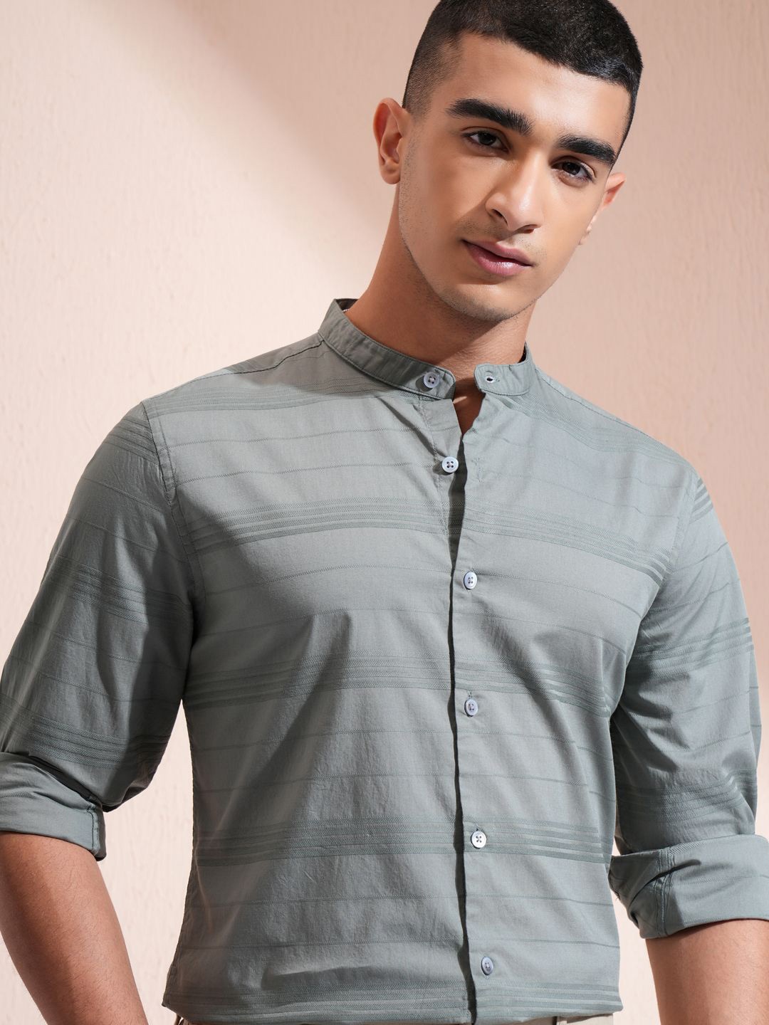 

Highlander Men Olive Dobby Textured Striped Mandarin Collar Casual Shirt