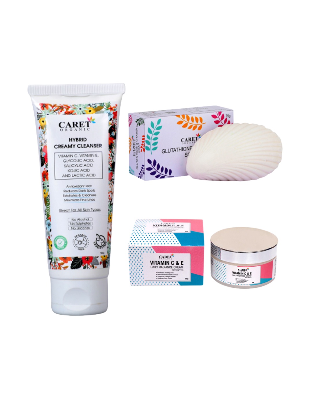 

CARET ORGANIC Hybrid Creamy Cleanser, Vitamin C Cream & Glutathione Soap, White