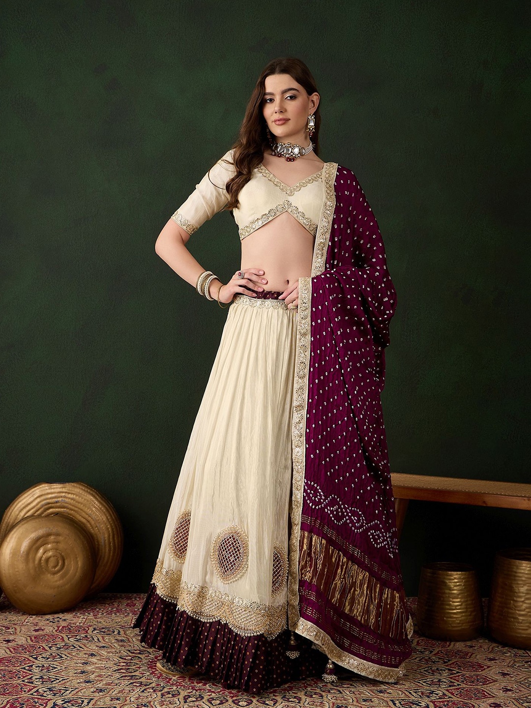 

SHRINGARINI Ready to Wear Lehenga & Unstitched Blouse With Dupatta, Off white