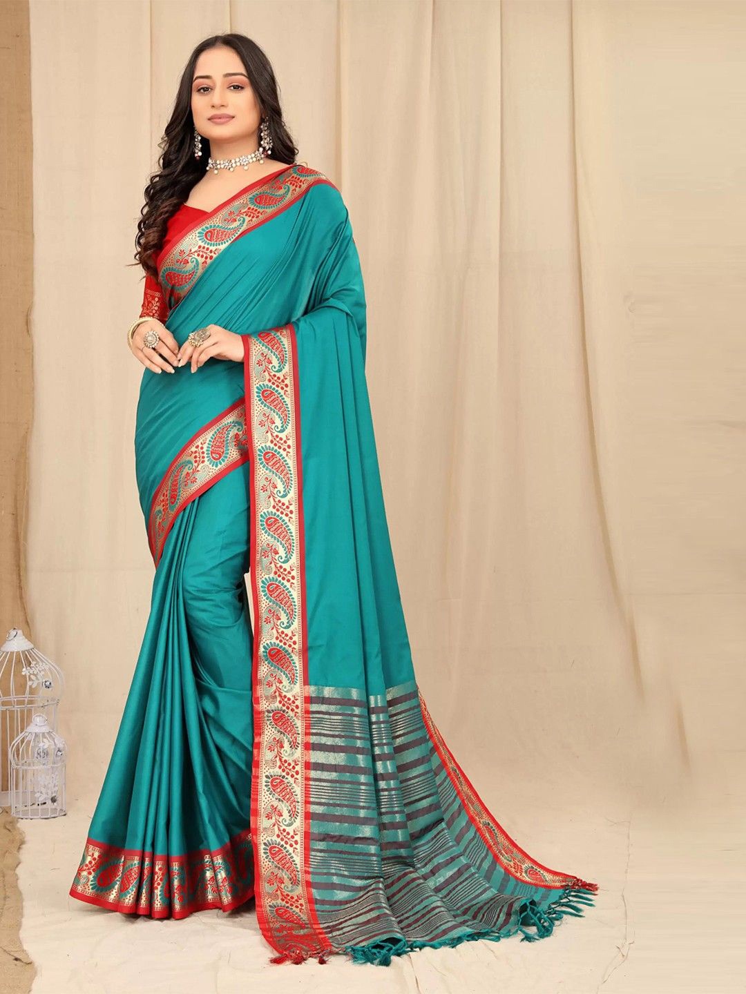 

JULEE Women Woven Design Zari Saree, Turquoise blue