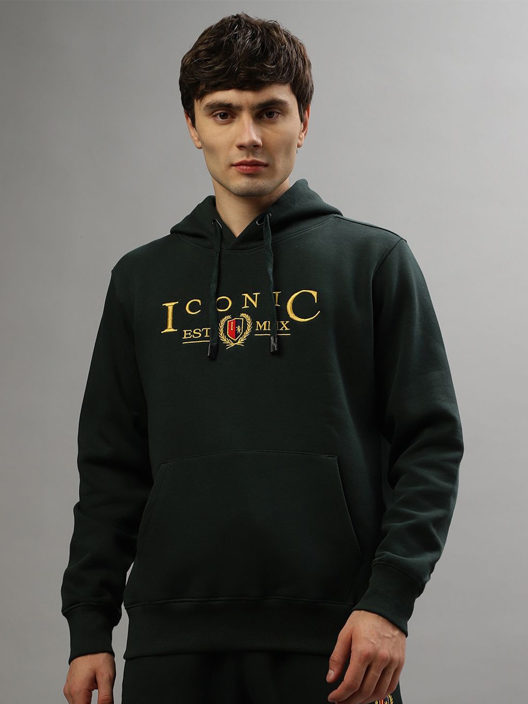 

Iconic Men Typography Printed Hood Cotton Pullover Sweatshirt, Green
