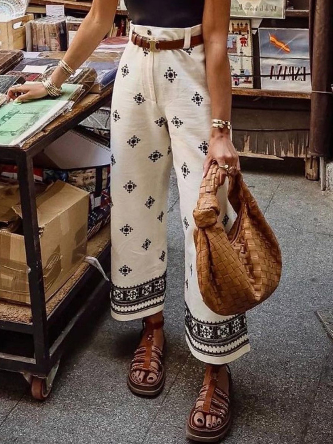 

StyleCast Women Comfort Ethnic Motifs Printed Loose Fit High-Rise Trousers, Beige