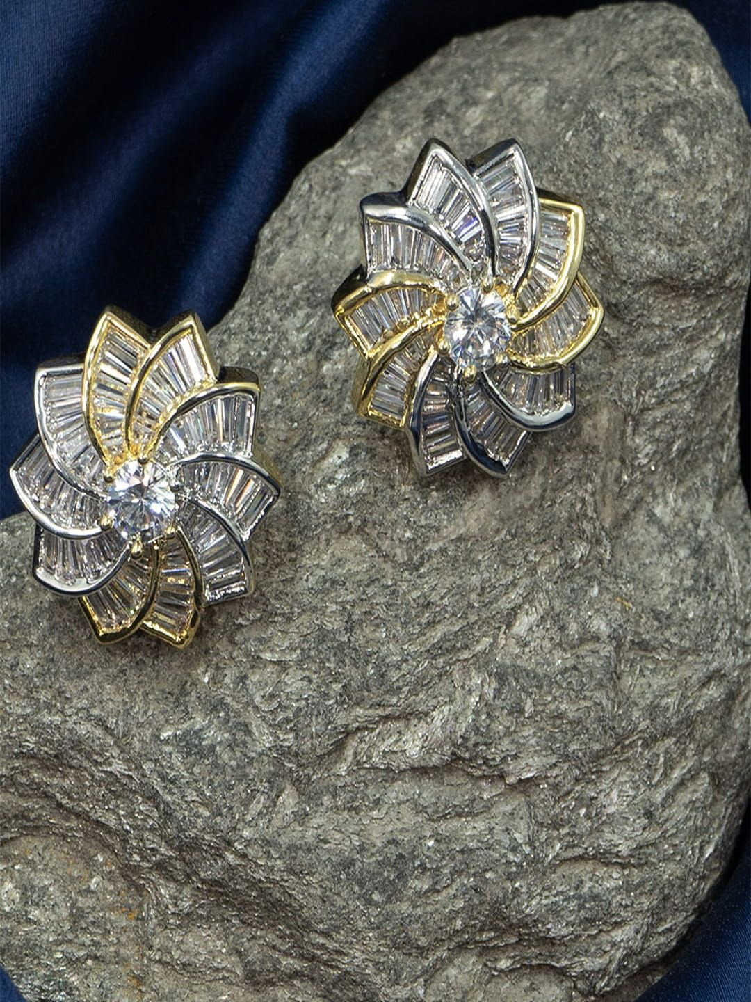 

SHARLEEZ Rhodium-Plated Cubic Zirconia Studded Floral Drop Earrings, Gold