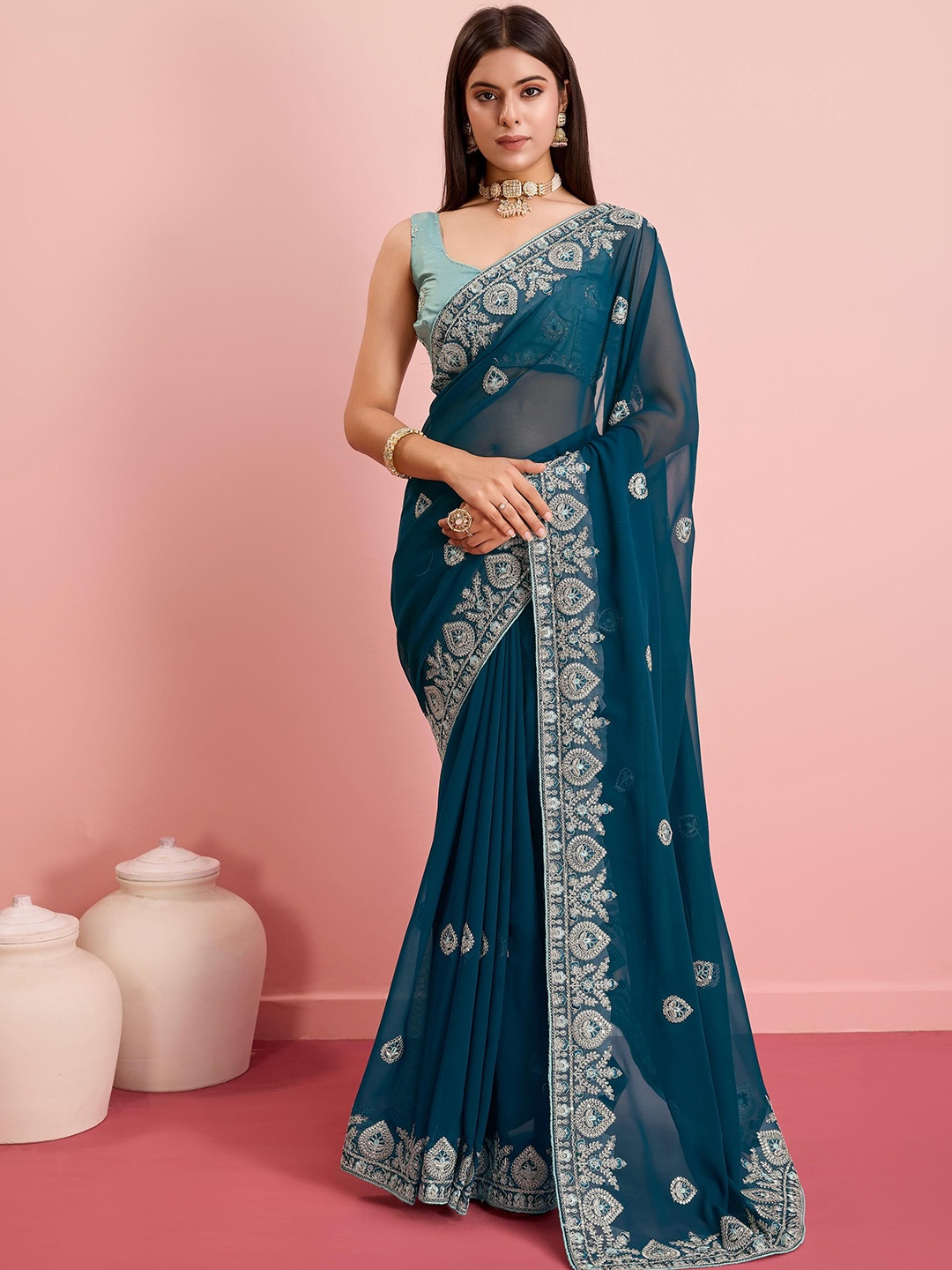 

VAIRAGEE Ethnic Motifs Sequinned Ready to Wear Saree, Turquoise blue
