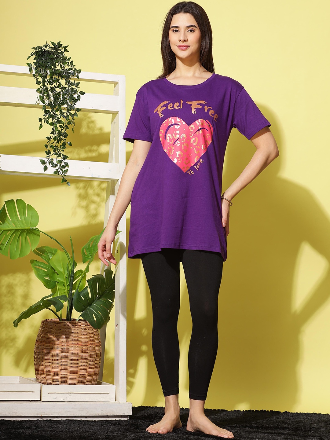 

9shines Label Printed Cotton Lounge Tshirts, Purple