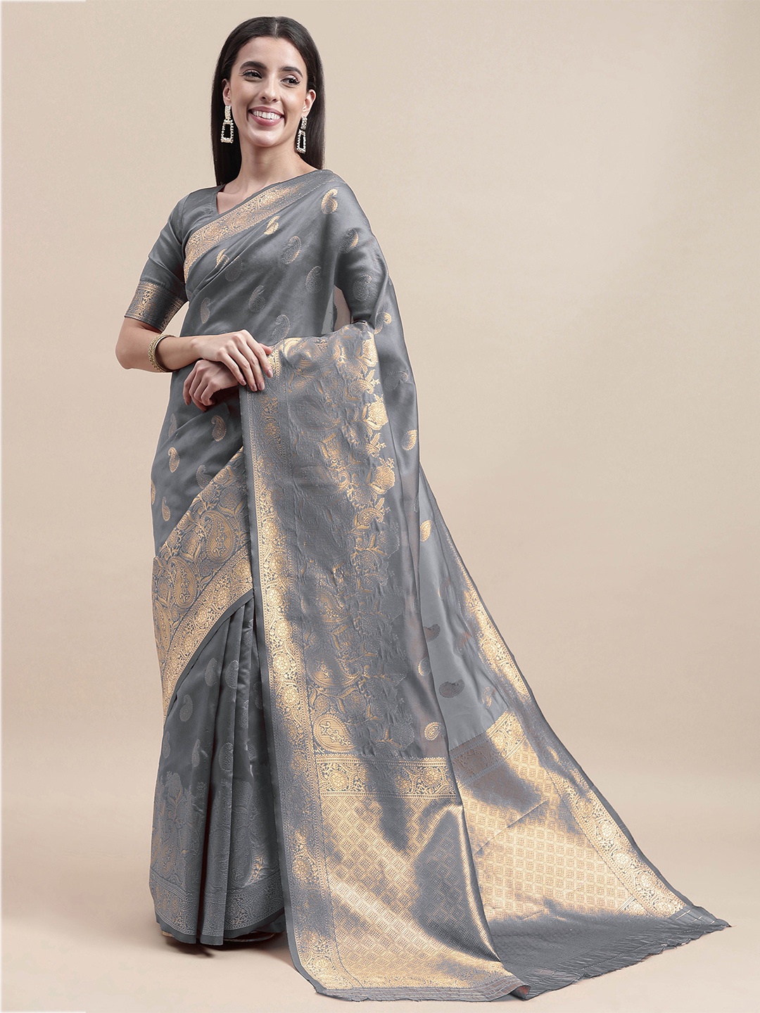 

Maroosh Woven Design Zari Banarasi Saree, Grey