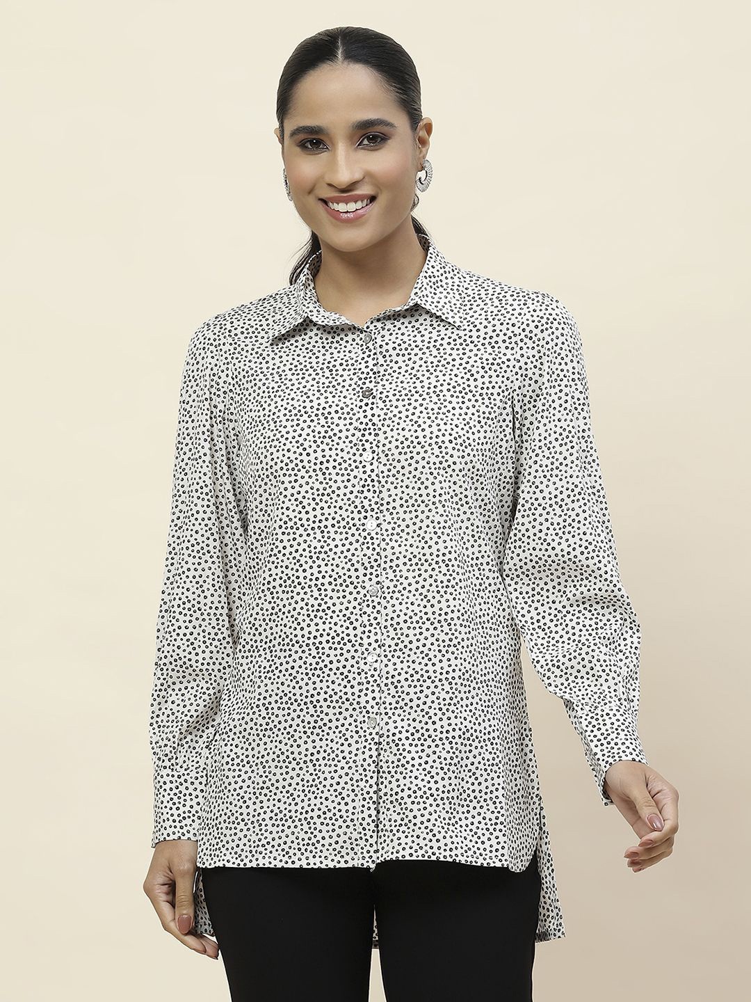 

Lakshita Women Classic Spread Collar Micro Ditsy Printed Crepe Tailored Fit Casual Shirt, Off white