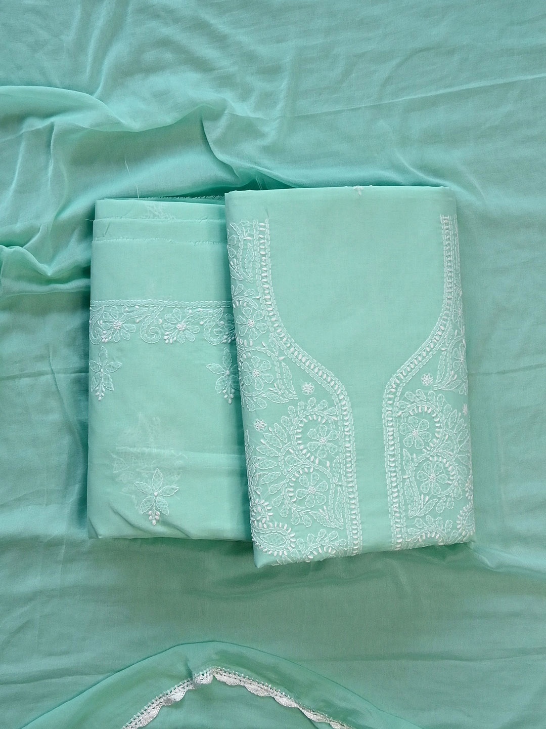 

Seva Chikan Embroidered Unstitched Dress Material, Sea green