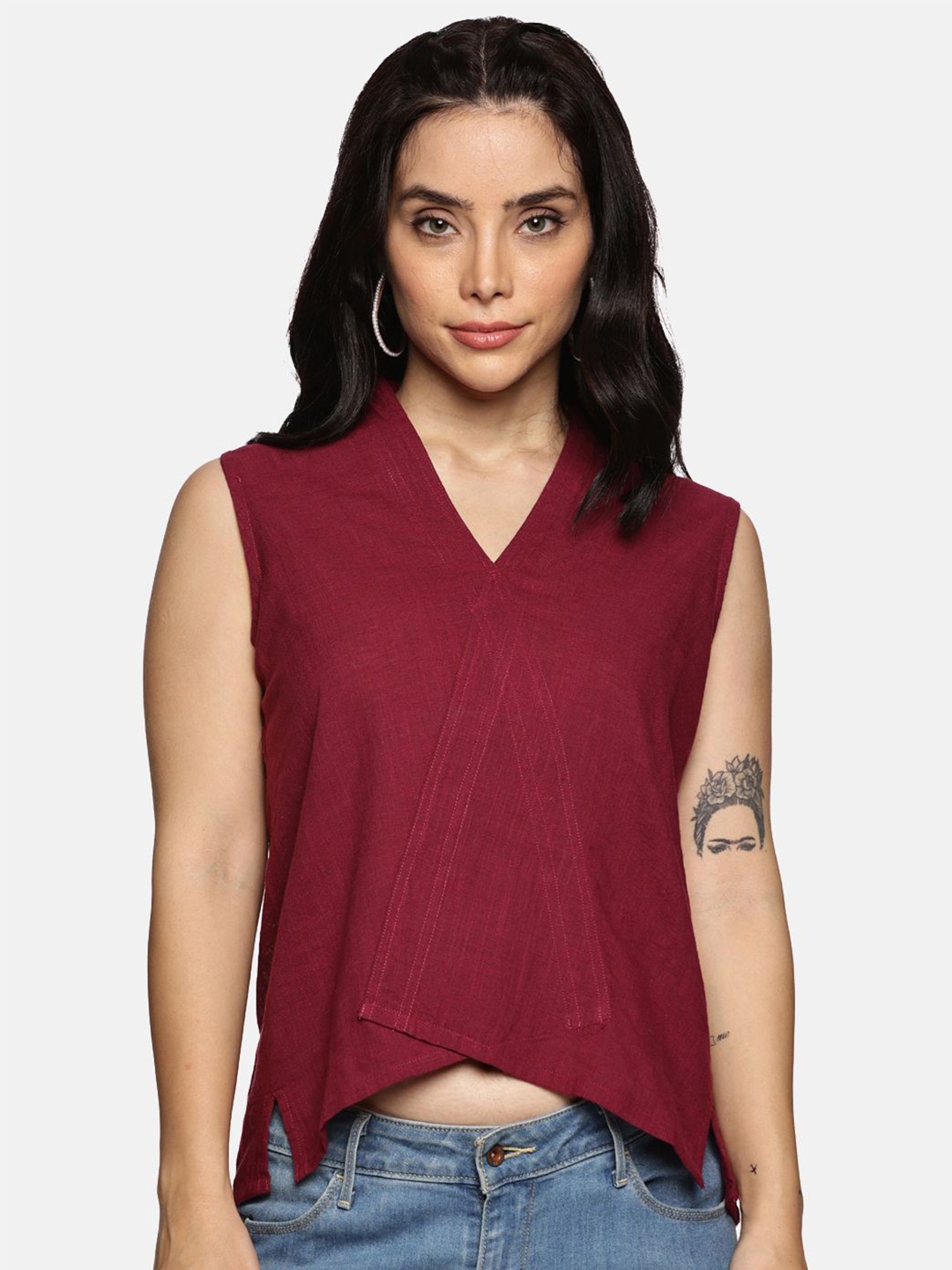 

Indyvarna Women Solid V-Neck Cotton Top, Maroon