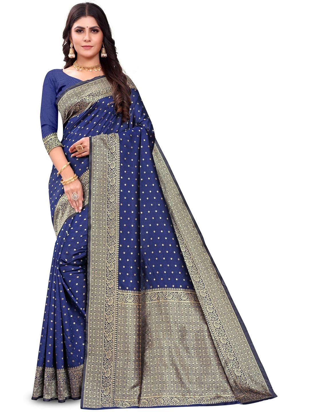 

QENY Ethnic Motifs Woven Design Zari Banarasi Saree, Navy blue