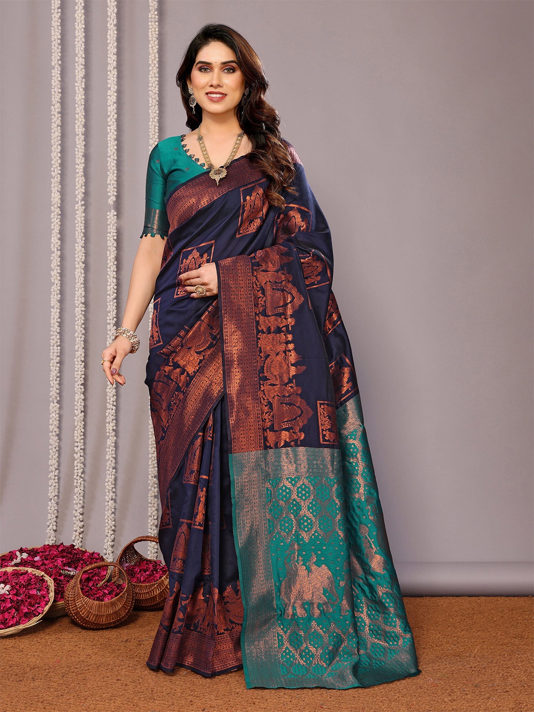 

QENY Woven Design Zari Art Silk Banarasi Saree, Navy blue